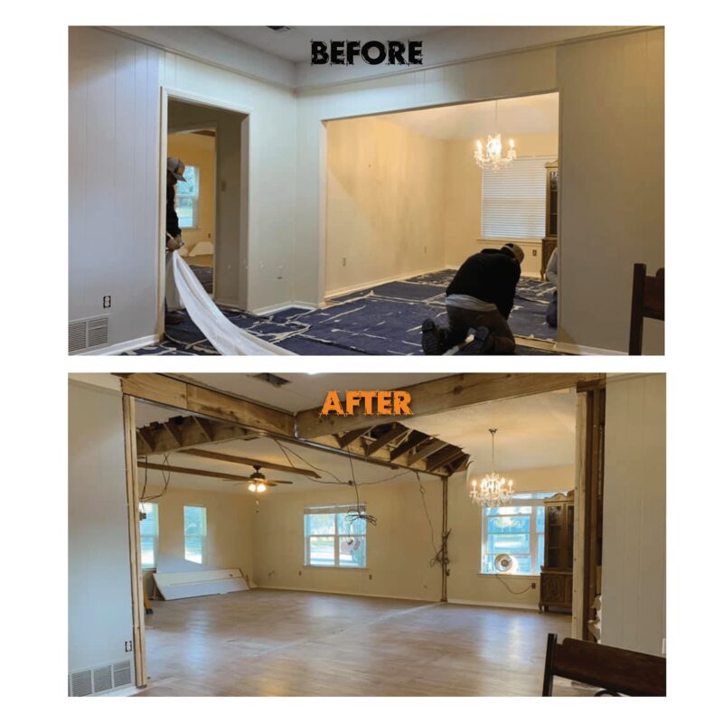 Before and after load bearing wall removal creating open concept living room in Texas