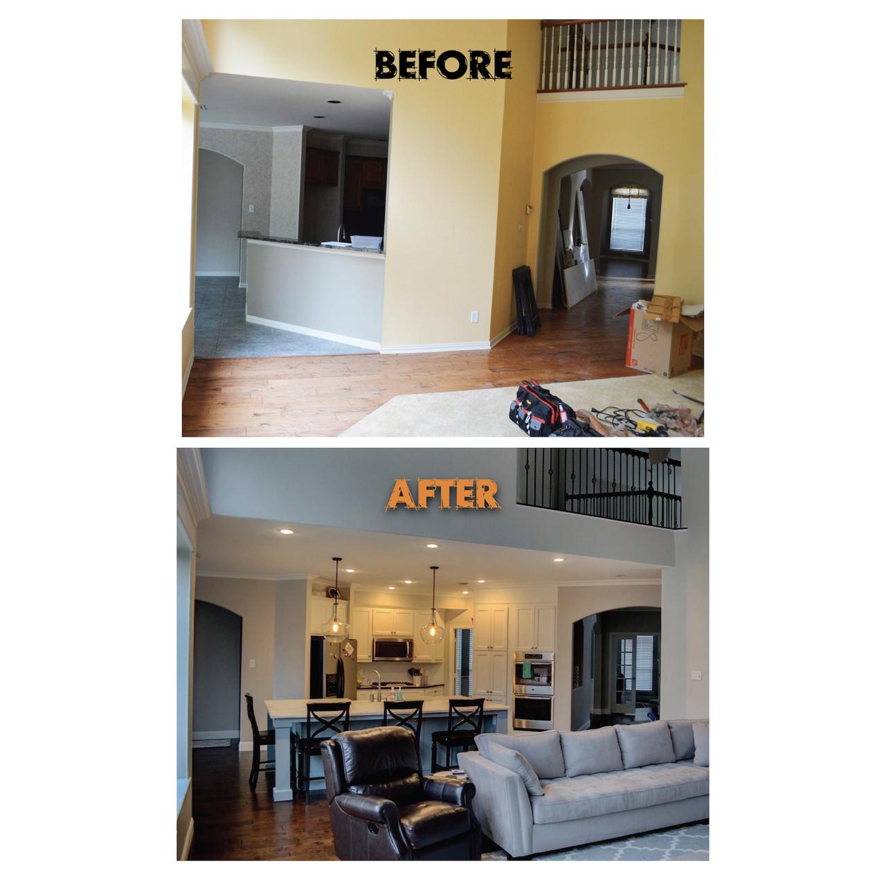 Load bearing wall removal before and after — two-story open kitchen transformation Texas