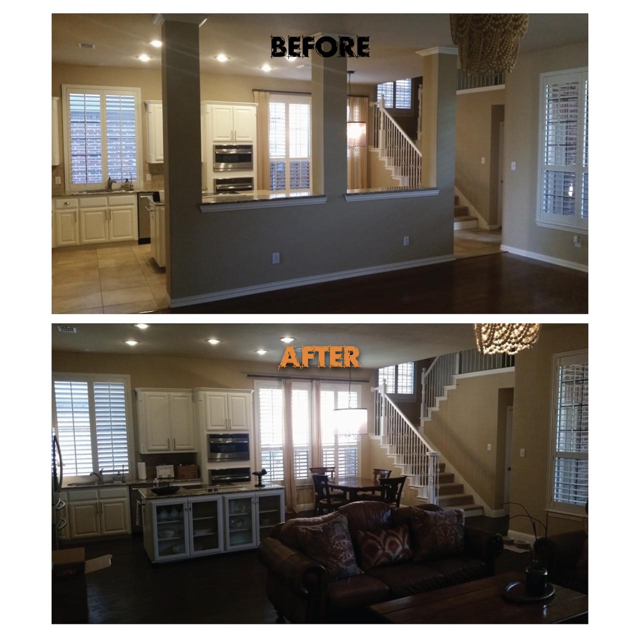 Remove wall between kitchen and living room before and after — open concept Texas