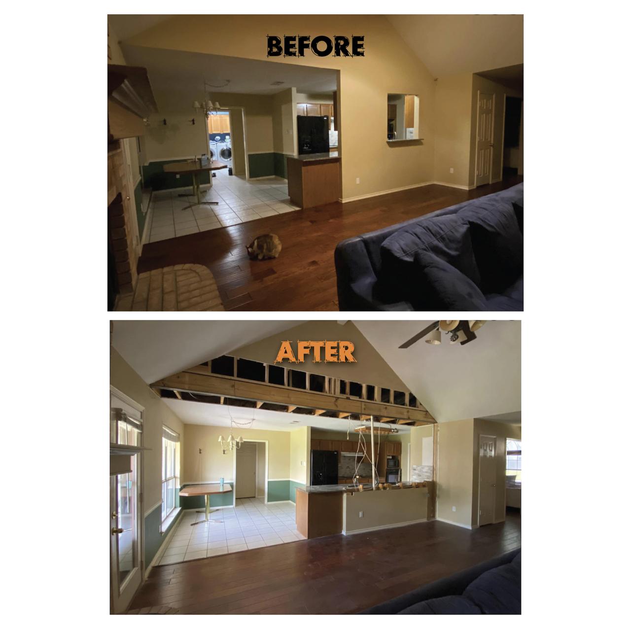Vaulted ceiling before and after — open floor plan load bearing wall removal Texas