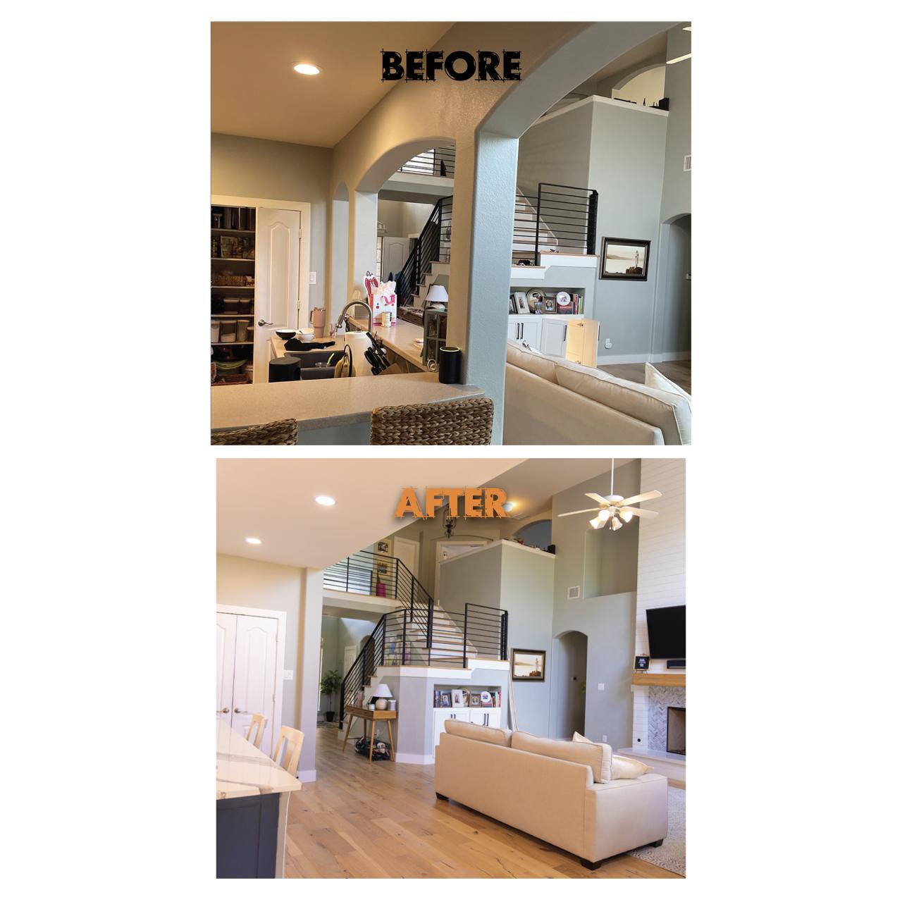 Remove wall between kitchen and dining room before and after — open concept Texas
