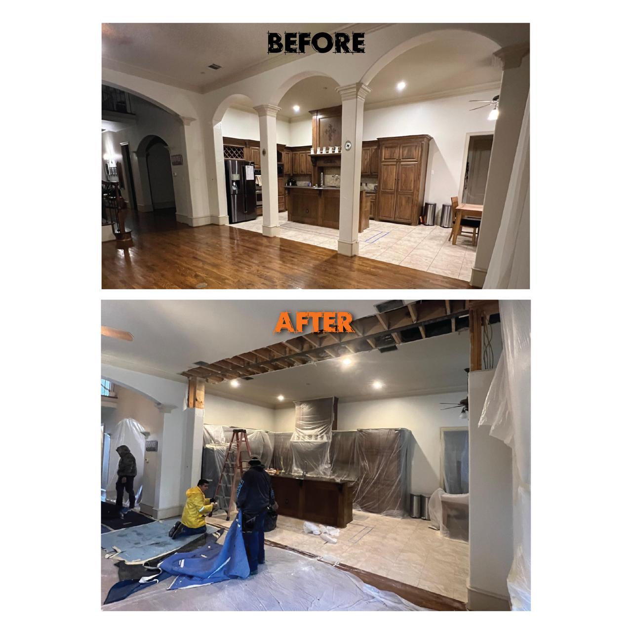 Load bearing wall removal before and after — column and arch removal open kitchen Texas