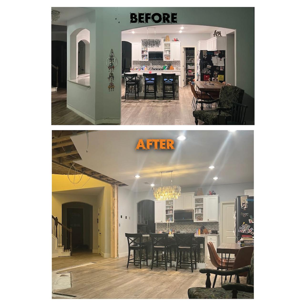Load bearing wall removal before and after — kitchen wall opening with support beam Texas
