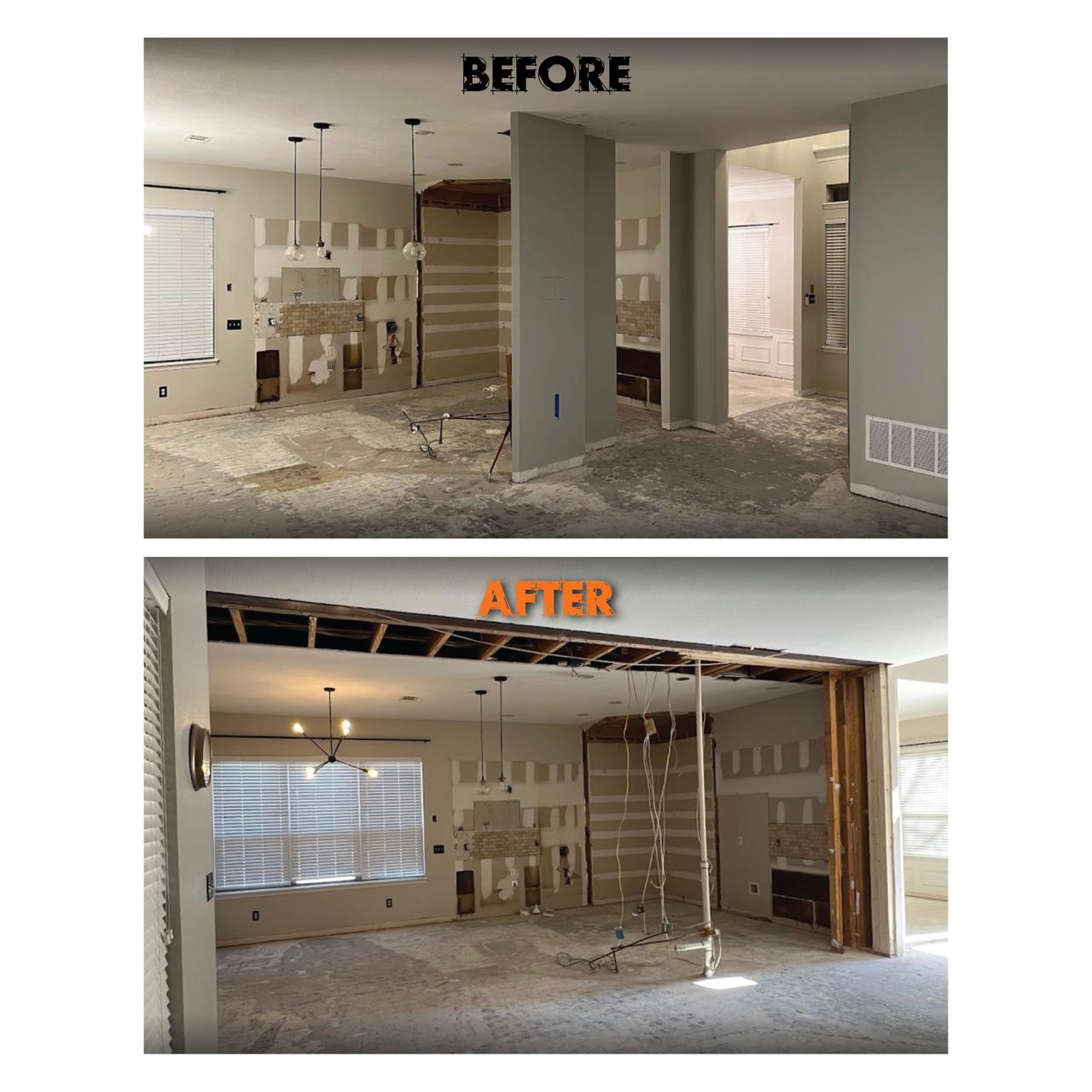 Load bearing wall removal before and after — full wall removal open floor plan Texas