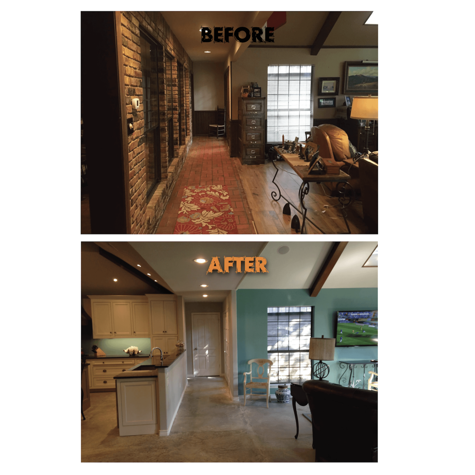 Before and after kitchen opening created by load bearing wall removal Texas