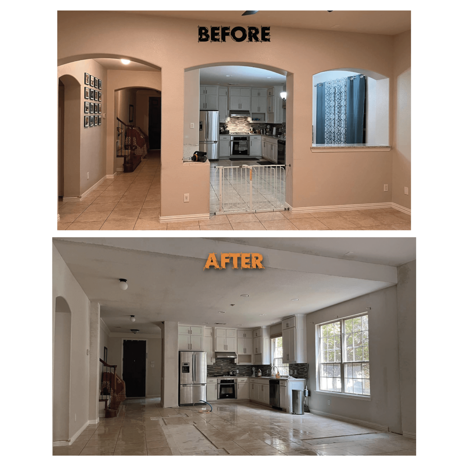 Before and after load bearing wall removal expanding floor plan in Texas home