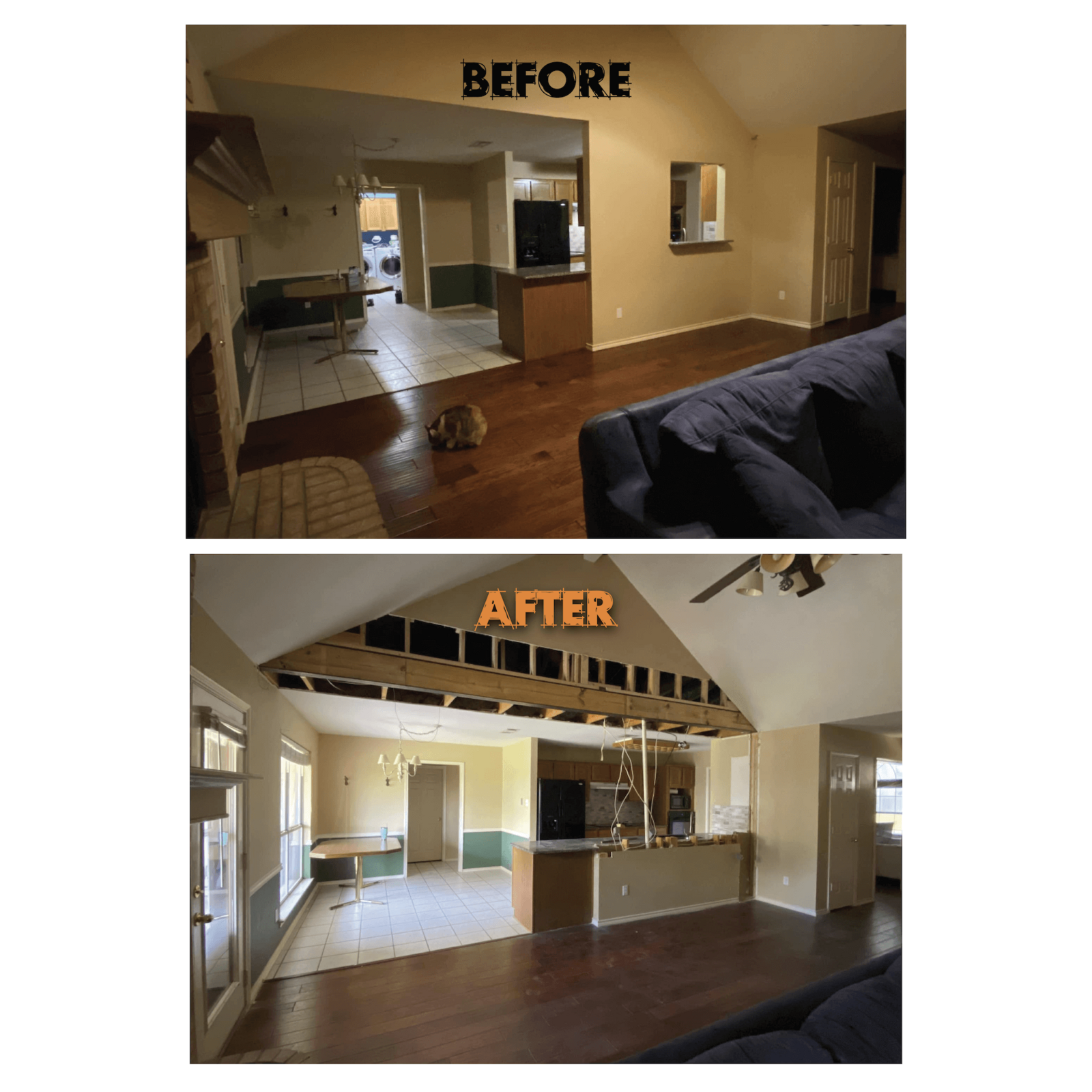 Before and after wall removal project — open floor plan achieved in DFW home
