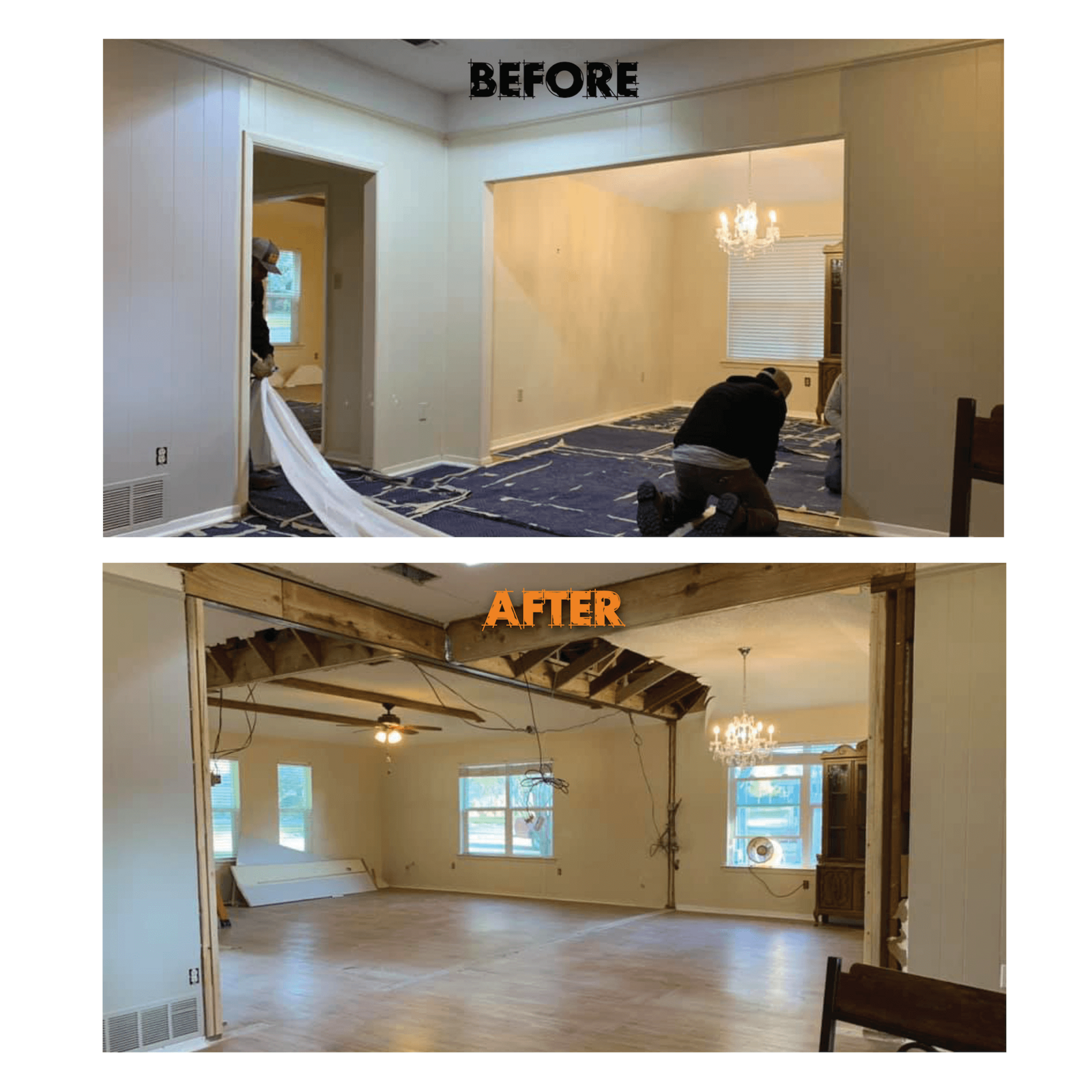 Before and after structural wall removal opening kitchen to living area in DFW