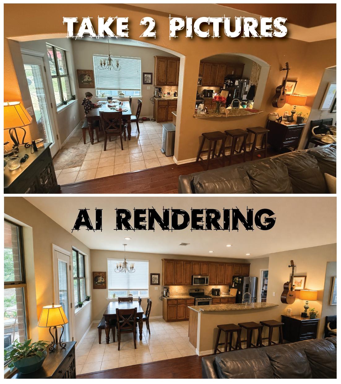 Before and after comparison: two room photos become an AI rendering of an open wall removal